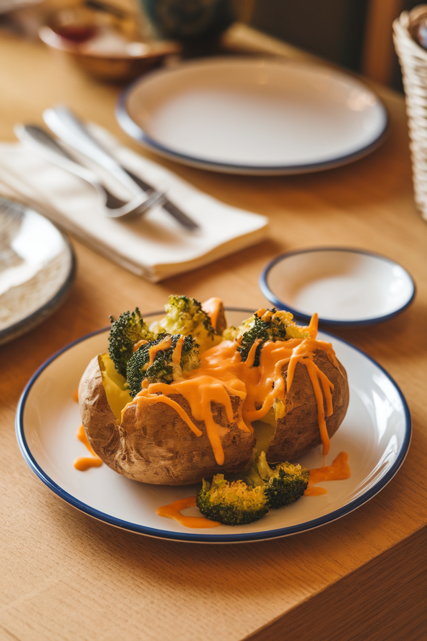 Indoor dinner table with a baked potato split open and overflowing with steamed broccoli and melted cheddar cheese. No text or logos present.