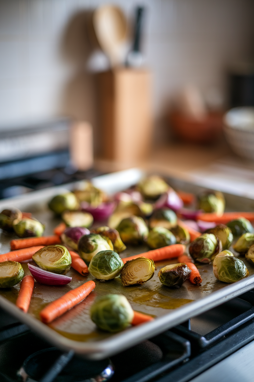 A hot sheet pan of roasted Brussels sprouts, carrots, and red onions on an indoor stovetop, olive oil sheen visible—photo, no logos.