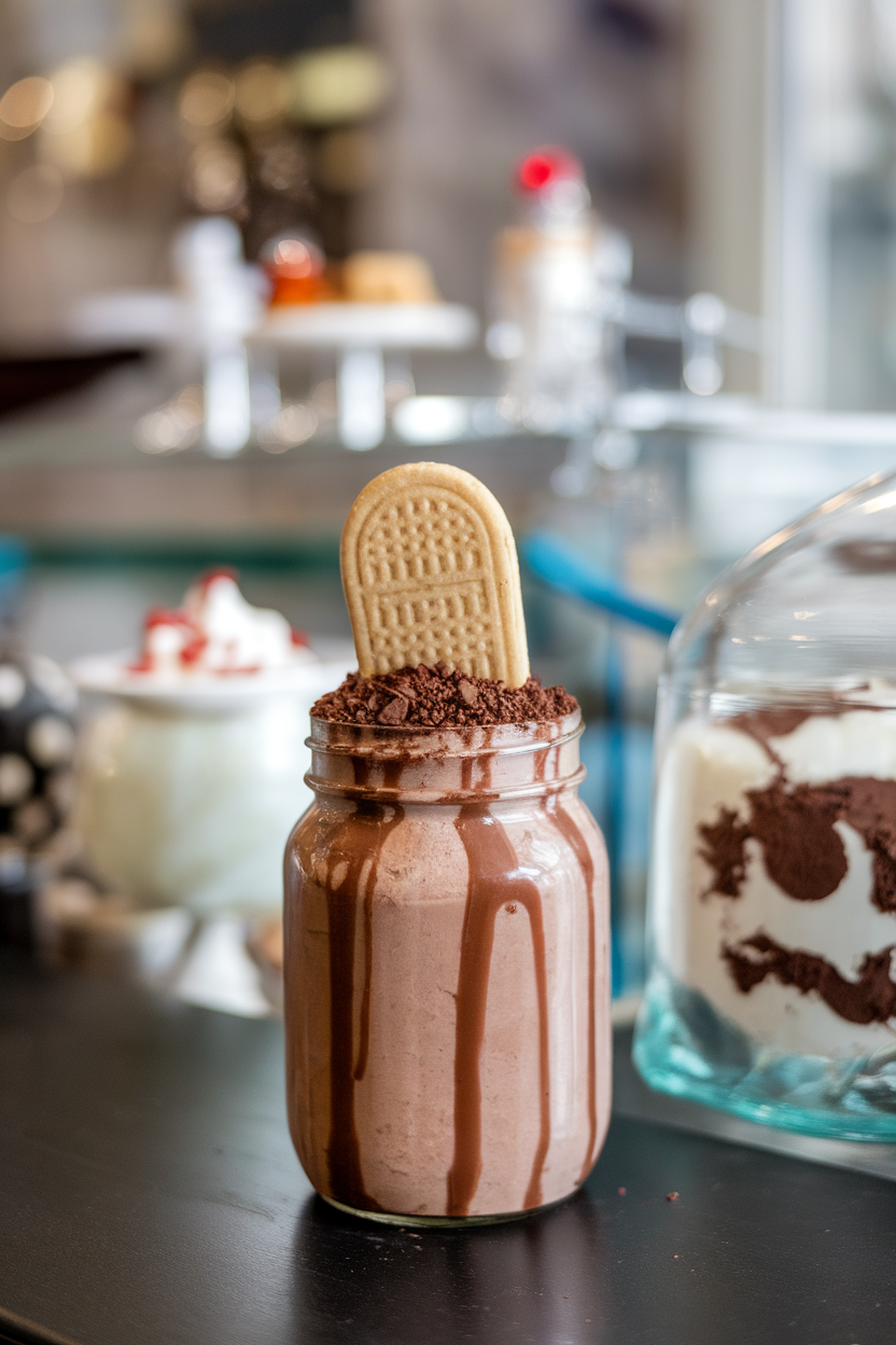 Indoor dessert bar with a mason jar of thick chocolate milkshake, crushed chocolate cookie “dirt” on top, and a cookie tombstone stuck upright in the crumbs. Photo, no text or logos.