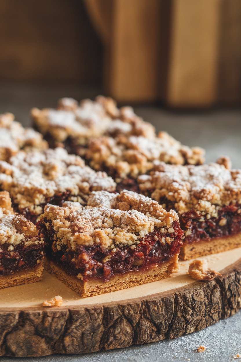 Square mince pie bars on a wooden board indoors, filled with spiced fruit mince, crumbly topping dusted with sugar. No logos or text.
