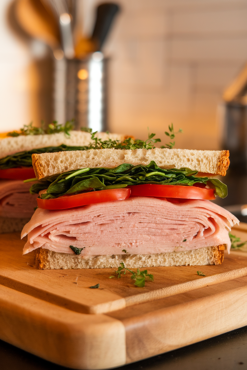 A turkey sandwich layered with spinach and tomato on a cutting board under indoor lighting; no text or logos; photo