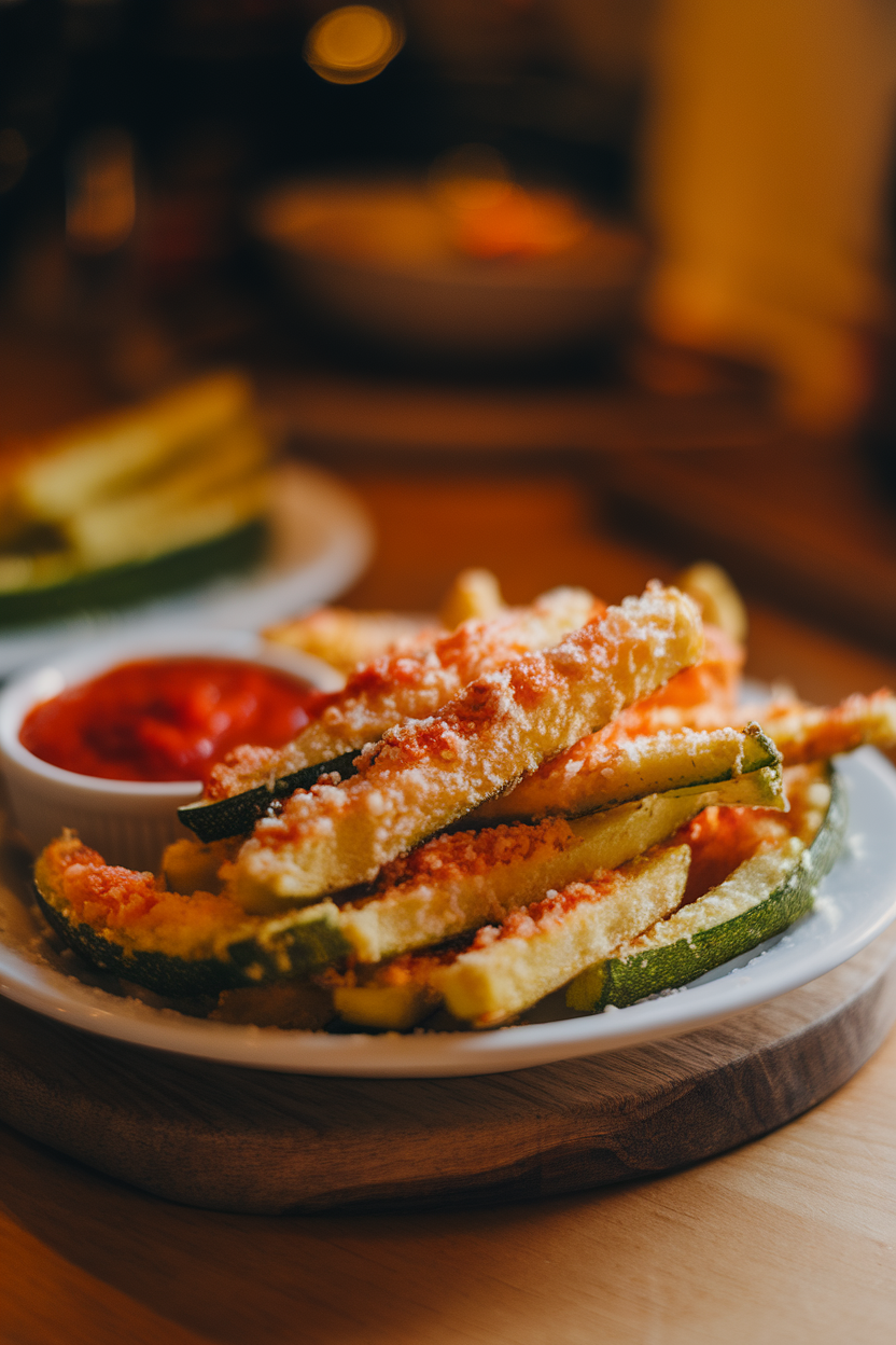 Indoor photo of a plate of crispy zucchini fries coated in Parmesan with a side of marinara, all shot under warm kitchen light; no text or logos.