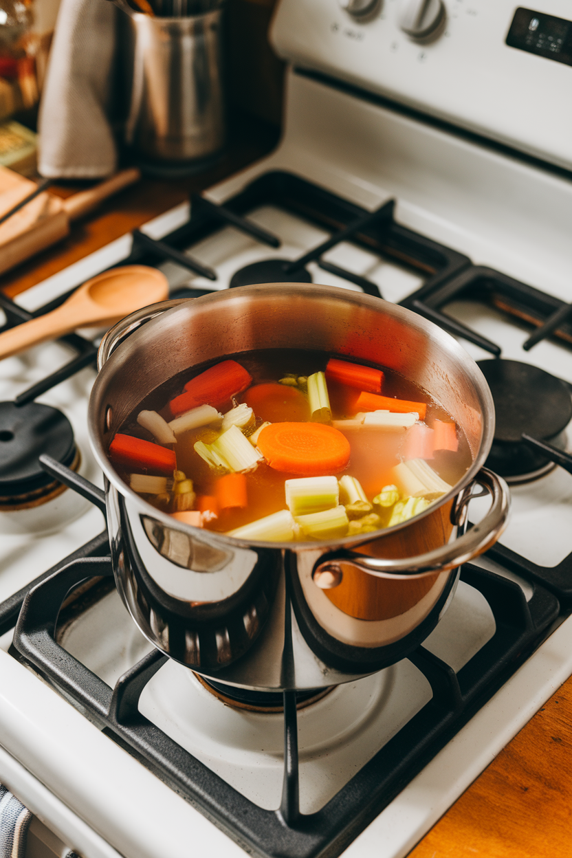 An indoor stovetop photo showing a pot of simmering vegetable broth with visible carrot and celery pieces, no text or logos.