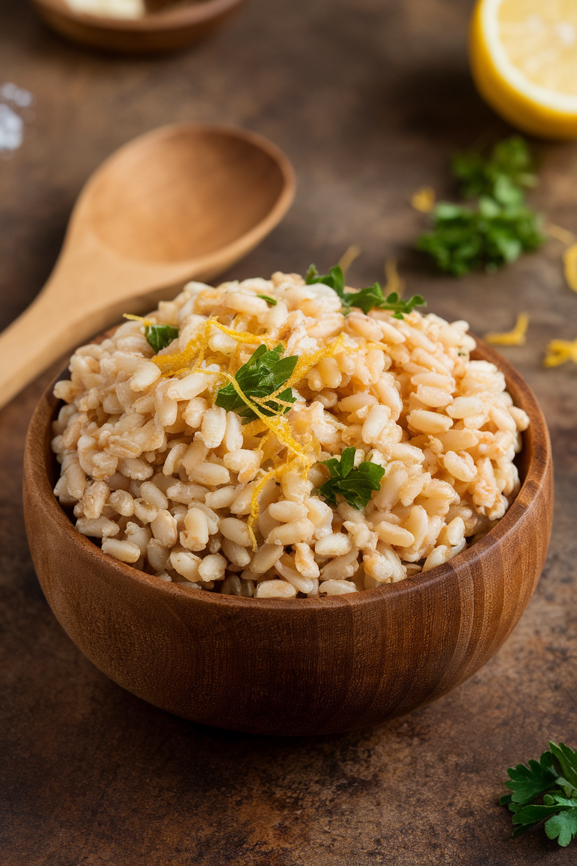 An indoor serving bowl of chewy farro mixed with parsley and lemon zest, wooden spoon resting on side. No text or logos. Photo only.