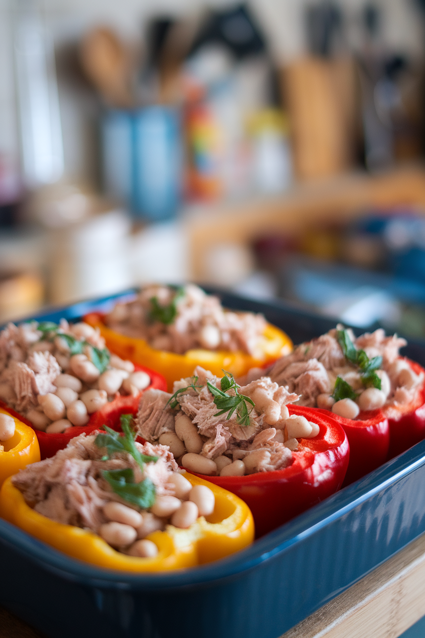 A photo from above of halved bell peppers baked and filled with white beans, flaked tuna, and herbs on a baking dish indoors. No text or logos.