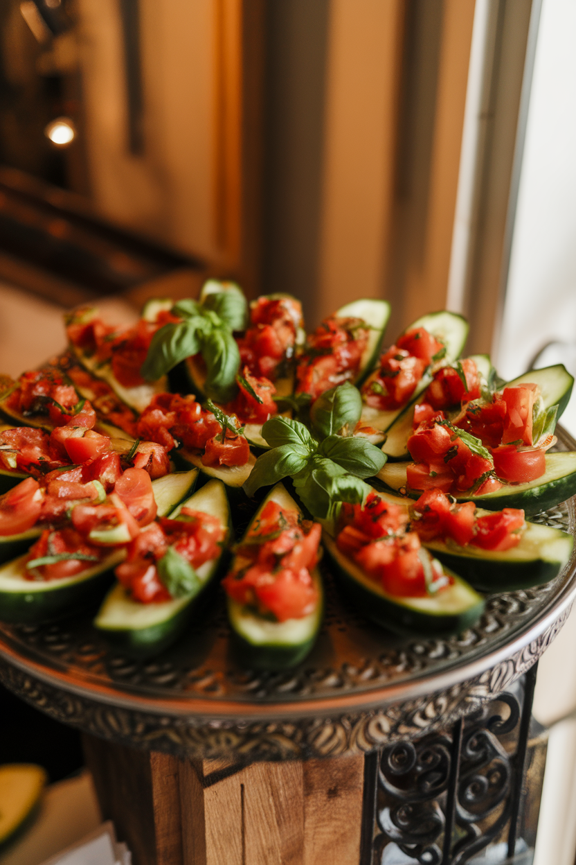 Indoor platter of hollowed cucumber boats filled with tomato-basil bruschetta mixture. Warm lighting, no logos.