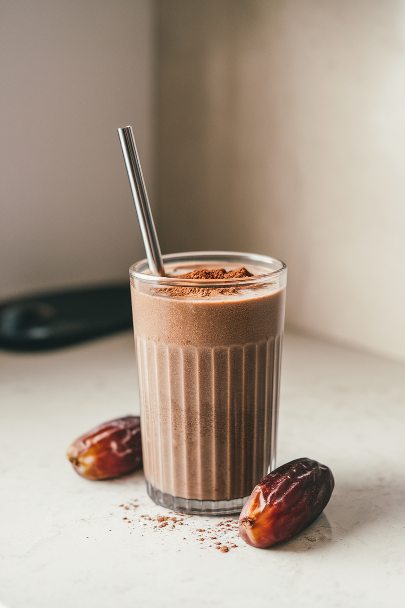 Photo of a tall glass of mocha date smoothie with a stainless steel straw on an indoor countertop, no text or logos