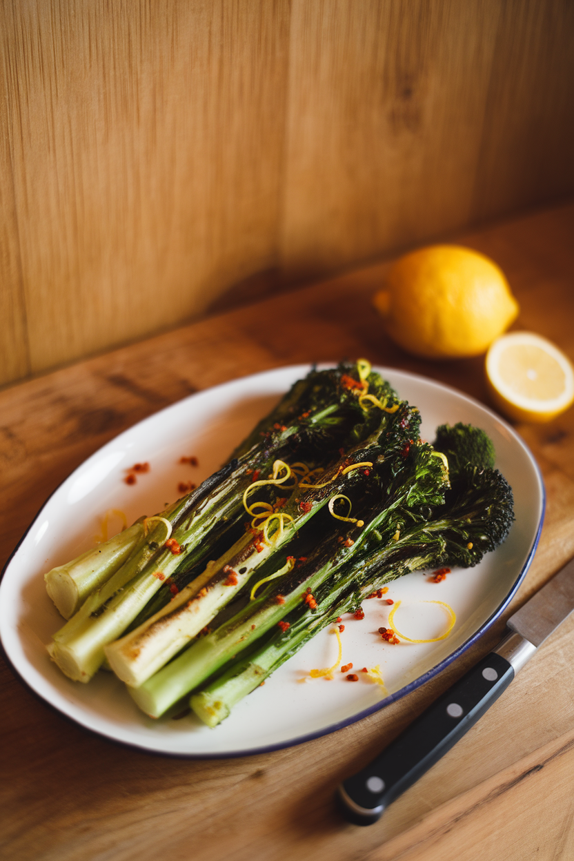 Indoor serving platter of broccolini charred at the tips, sprinkled with red chili flakes and lemon zest. No logos. Photo.