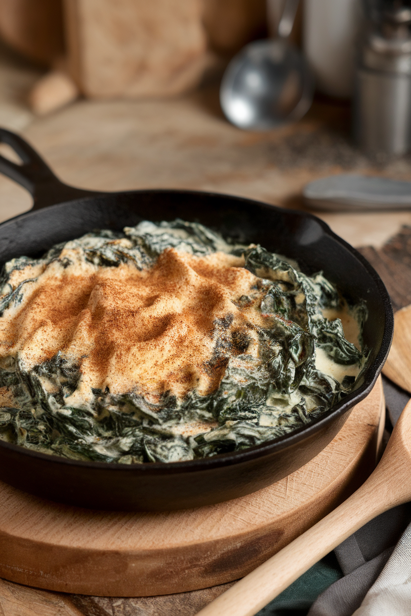 An indoor skillet of velvety creamed spinach topped with nutmeg dusting, photo, no text or logos.
