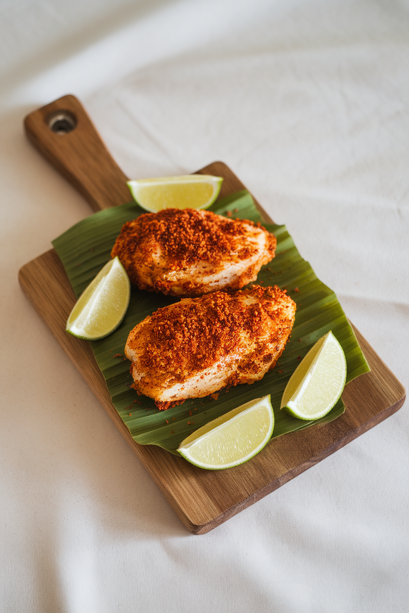 Indoor serving board with air-fried chicken breast coated in chipotle spice and garnished with lime wedges, shot from 45-degree angle. No text or logos.