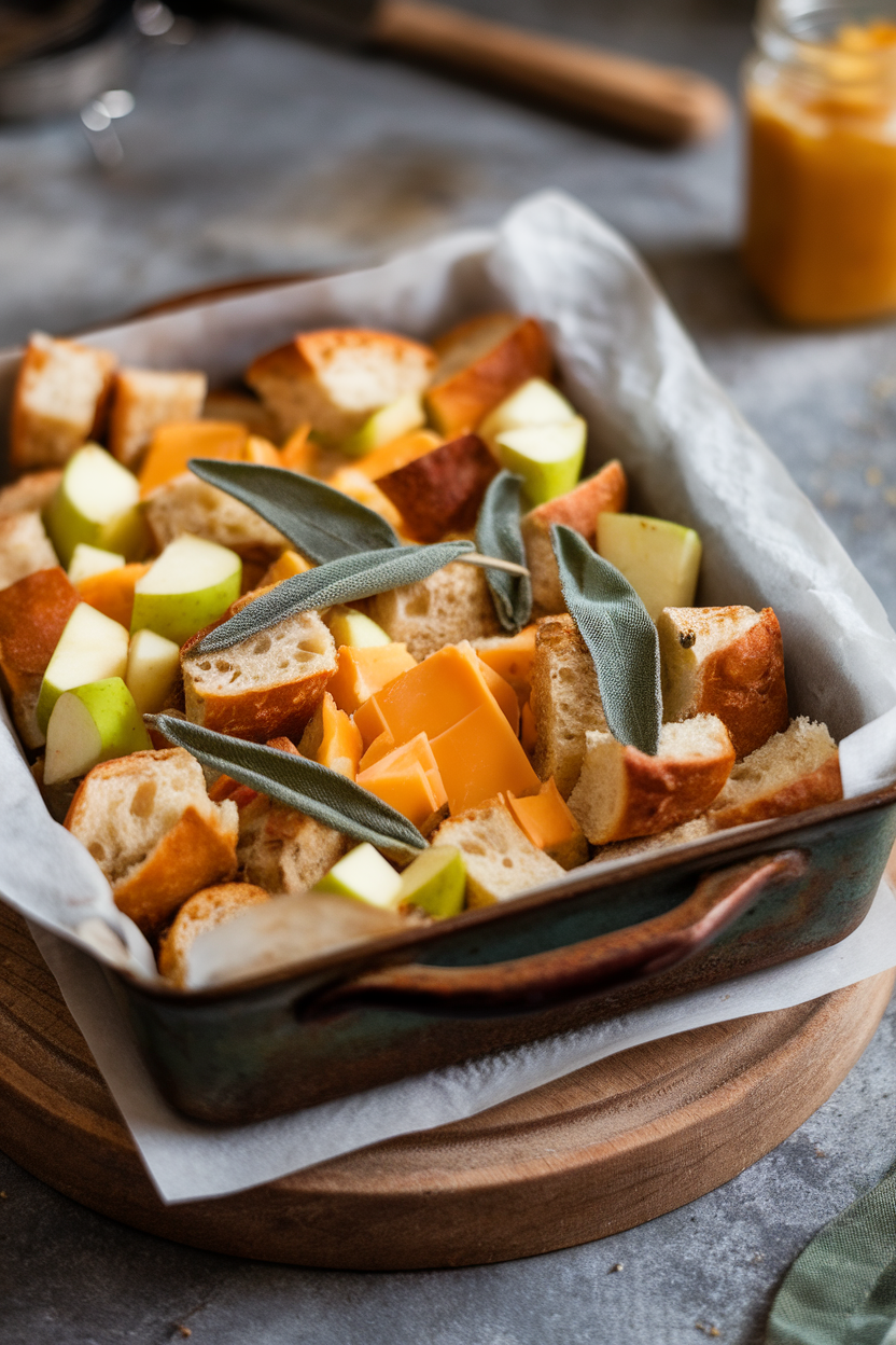 An indoor dining table featuring a rustic baking dish of toasted bread cubes, diced apples, sharp cheddar chunks, and crisp sage leaves. No logos or text; photo.