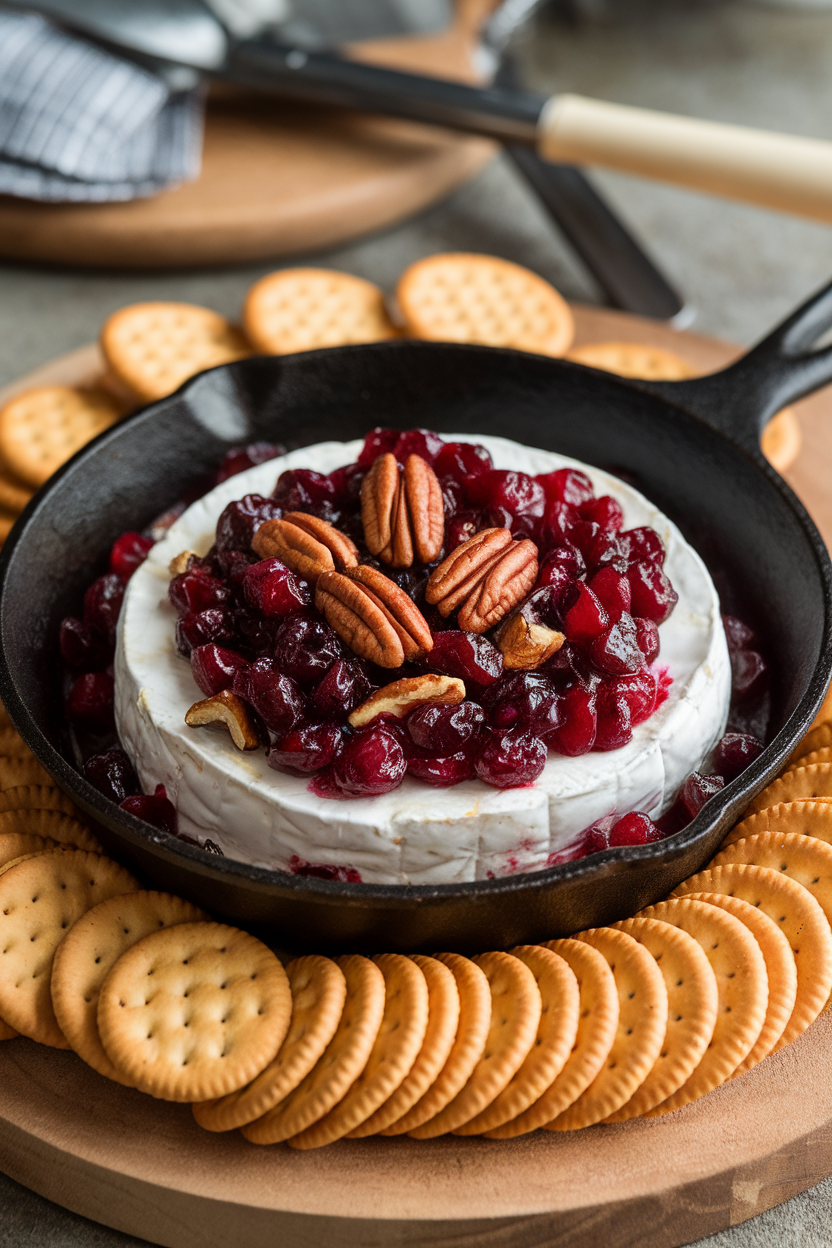 An indoor cast-iron skillet filled with gooey melted Brie topped with cranberry sauce and toasted pecans, crackers arranged around. No text or logos present.