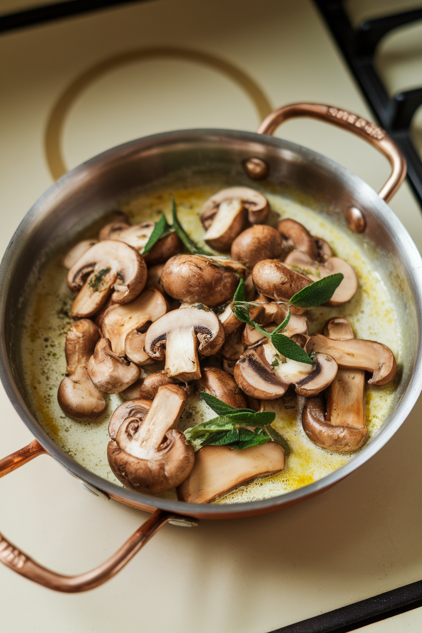 Indoor stovetop photo of sautéed mushrooms coated in a light cream sauce with tarragon leaves, served in a small copper pan. No text or logos.