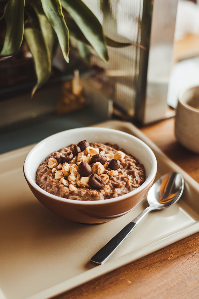Indoor coffee-shop style counter with a bowl of dark mocha oatmeal topped with crushed hazelnuts and espresso beans. No text or logos. Photo.
