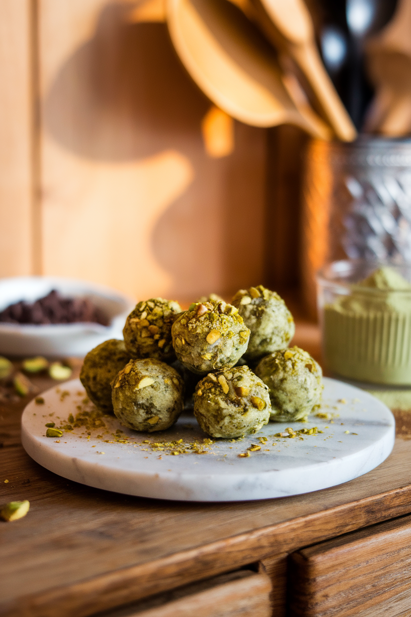 Photo of a small marble board indoors, featuring pale-green matcha pistachio energy balls sprinkled with crushed pistachios. Warm interior lighting, no text or logos.