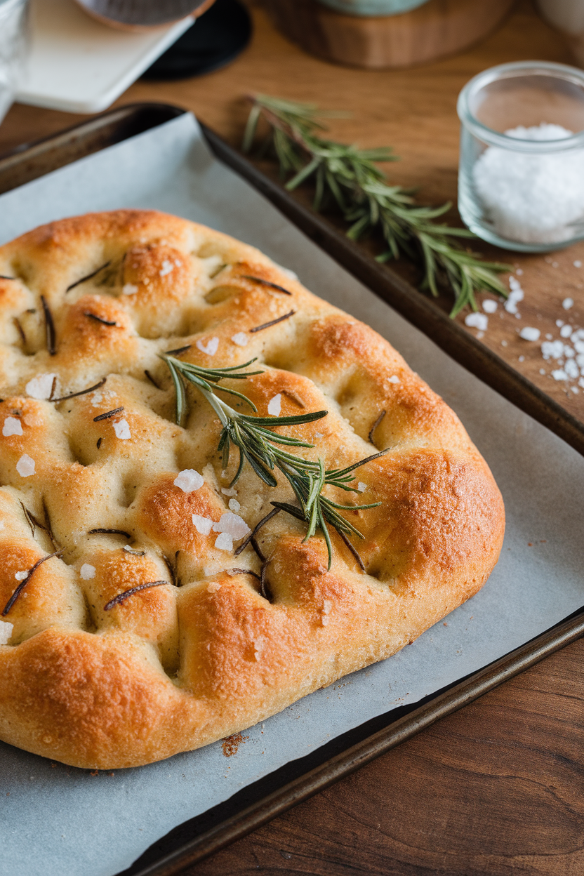 An indoor baking sheet on a wooden table, topped with a whole-grain herb focaccia dotted with rosemary sprigs and sea salt crystals. No text or logos. Photo only.