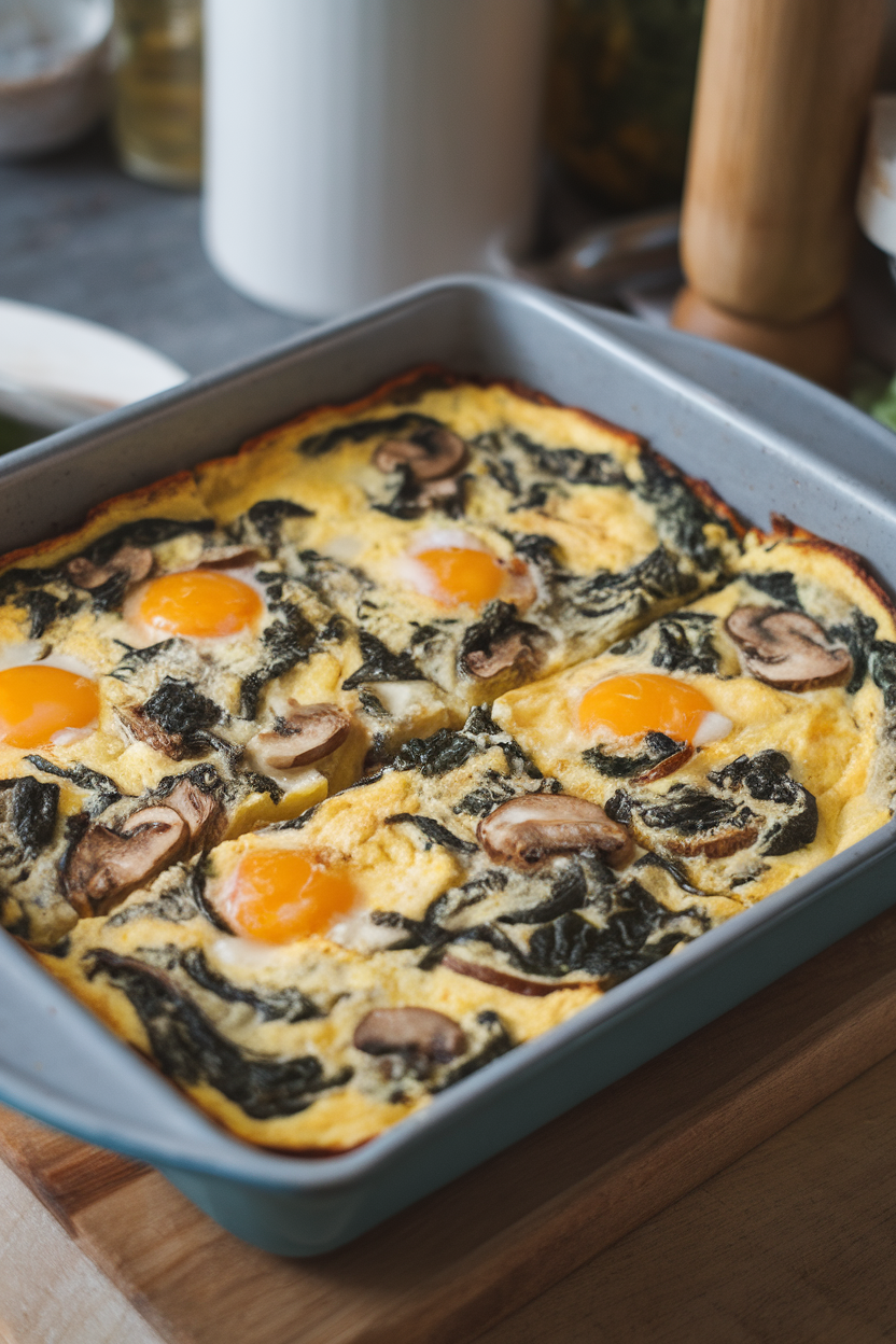 Indoor baking dish with sliced frittata squares showing spinach and mushroom pieces inside. No text or logos present.