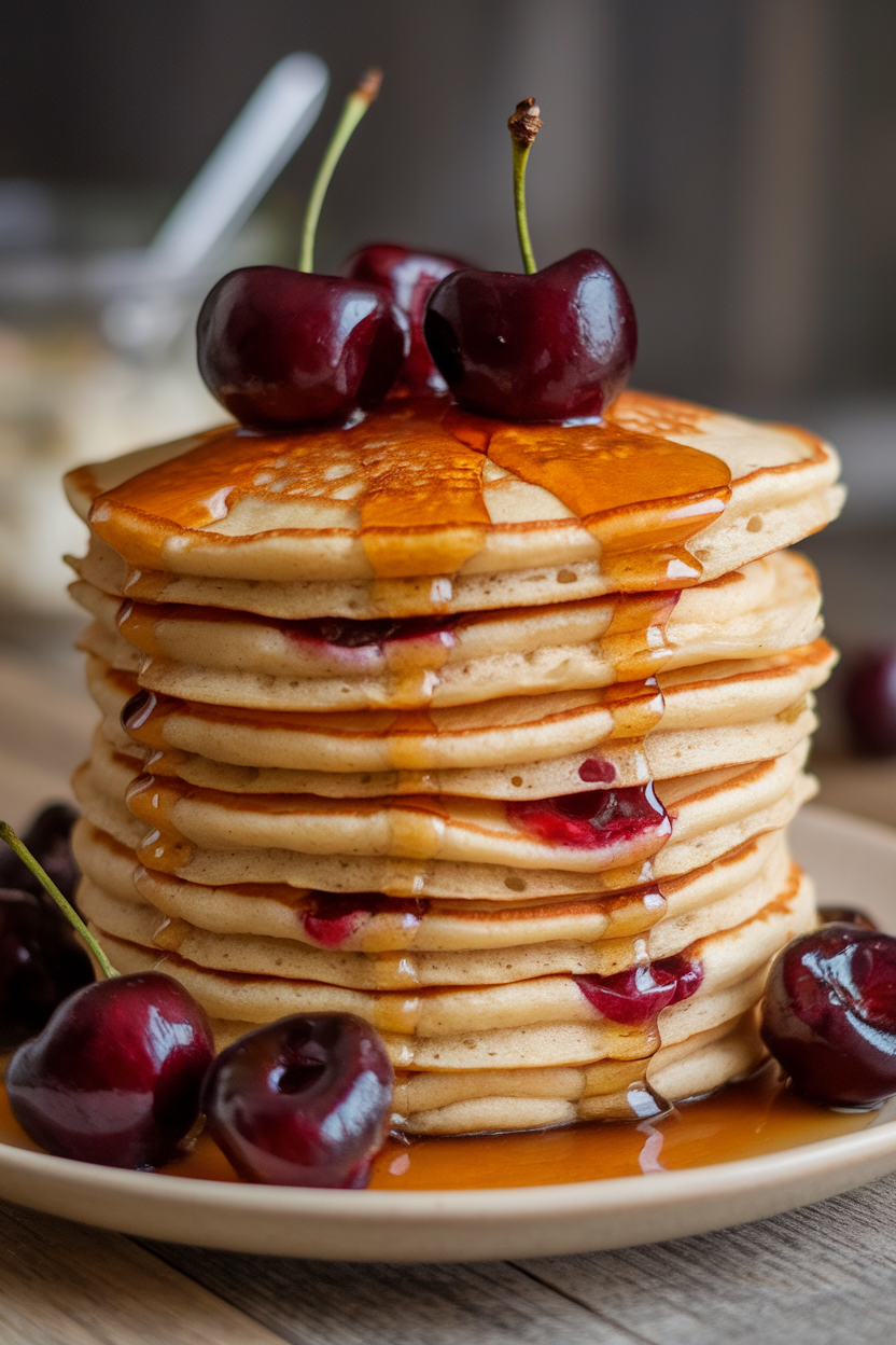 Indoor photo of pancakes with visible cherry pieces, lightly sauced with glossy amaretto cherry syrup; no text or logos.