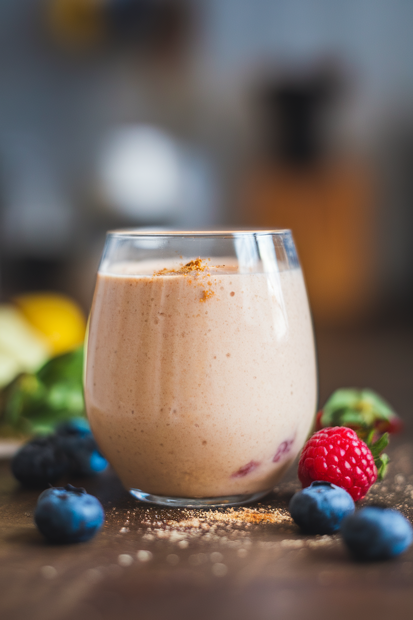 A stemless wine glass indoors holding a creamy pale smoothie sprinkled with fresh grated nutmeg. Photo, no text or logos.