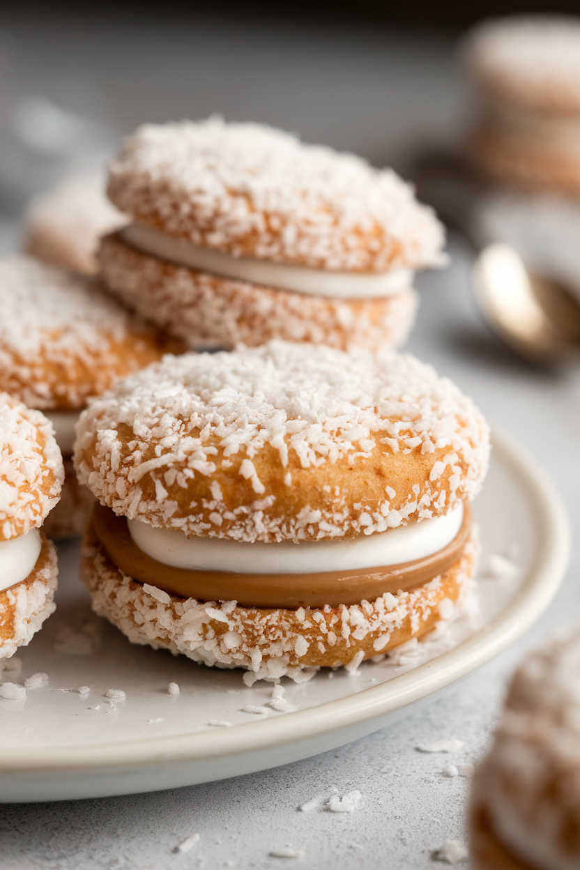 Indoor close-up of sandwiched alfajores cookies rolled in shredded coconut, dulce de leche filling peeking out. Photo, no text or logos.