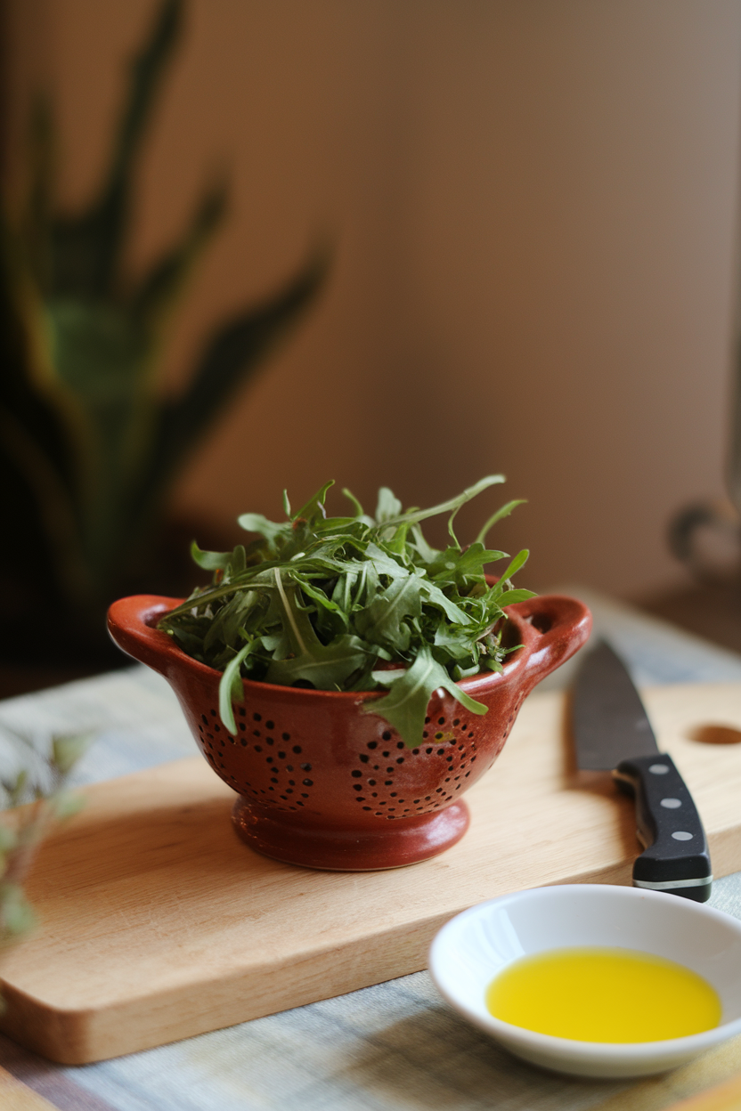 Photo, indoor tabletop featuring a small ceramic colander overflowing with peppery arugula, warm window light, no text or logos.