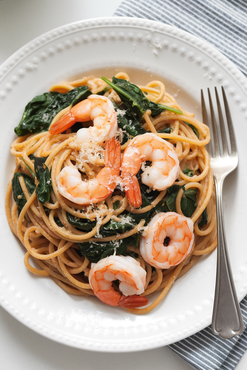 Indoor pasta plate showing whole-wheat spaghetti tossed with shrimp, wilted spinach, and garlic olive oil sauce. No logos or text; photo.