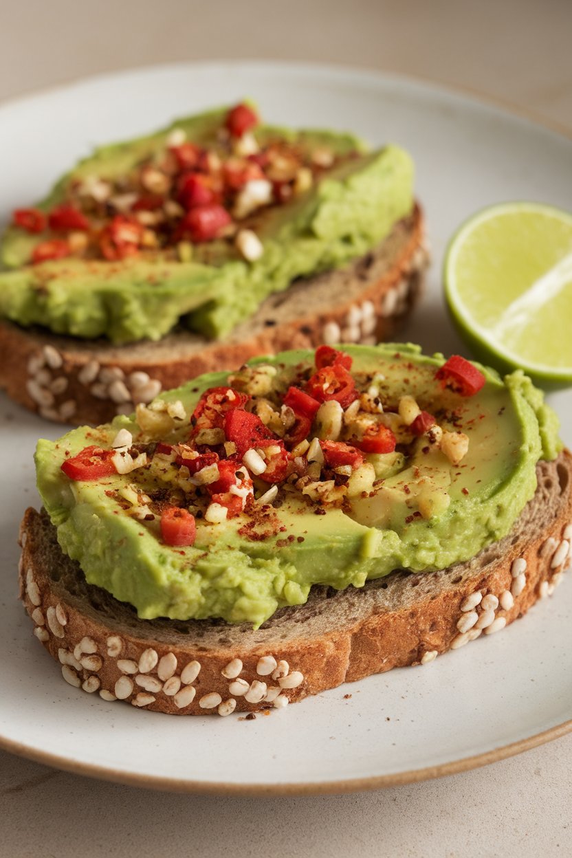 A close-up indoor shot of two slices of sprouted grain toast topped with smashed avocado, chili flakes, and a squeeze of lime. Neutral background; no text or logos.