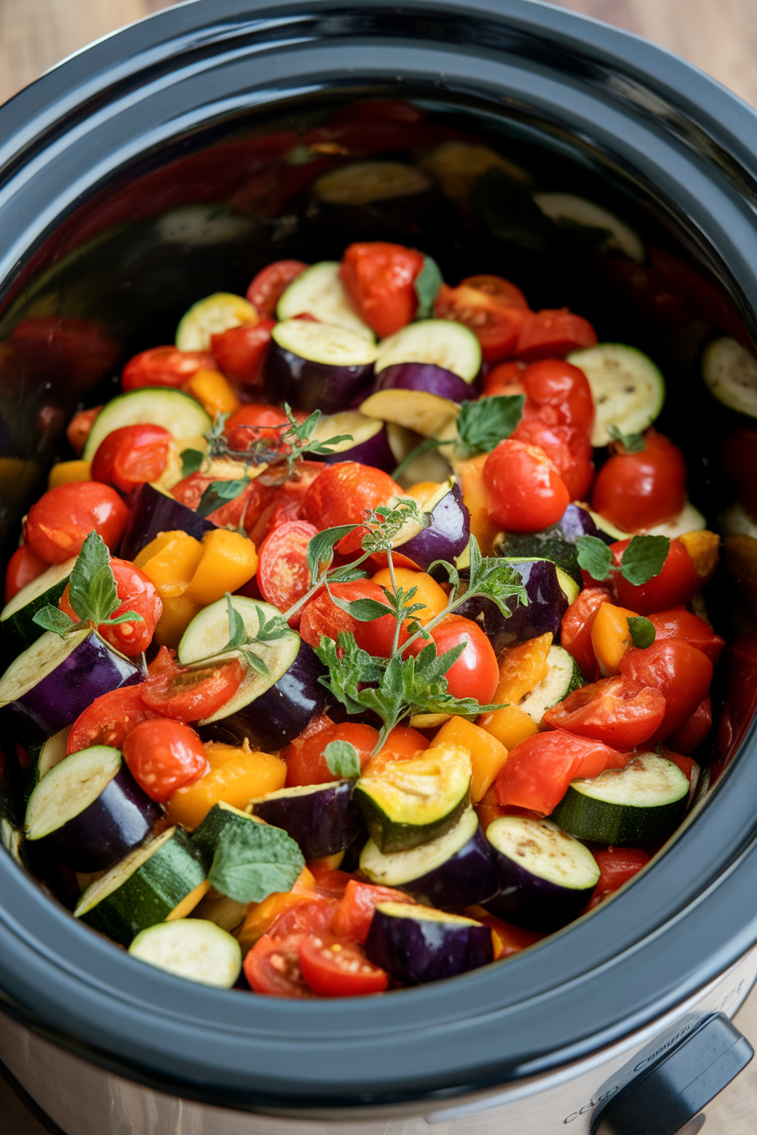 Indoor photo of colorful ratatouille with zucchini, eggplant, and tomatoes in a crockpot, herbs on top, no text or logos.