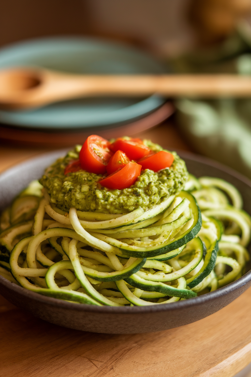 Bowl of zucchini noodles coated in vibrant green edamame pesto, sprinkled with cherry tomato halves, indoor lighting, no text or logos.
