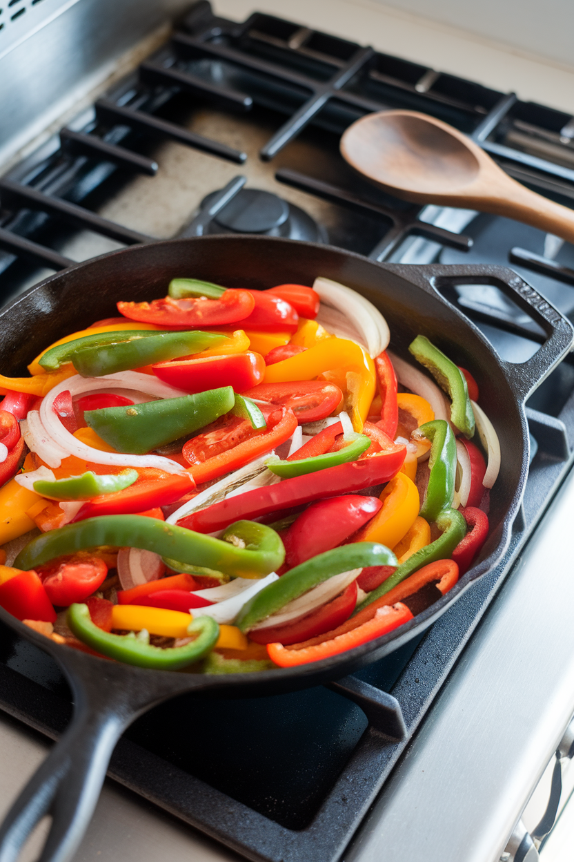 Indoor stovetop with a well-seasoned cast-iron skillet sizzling veggies—photo.