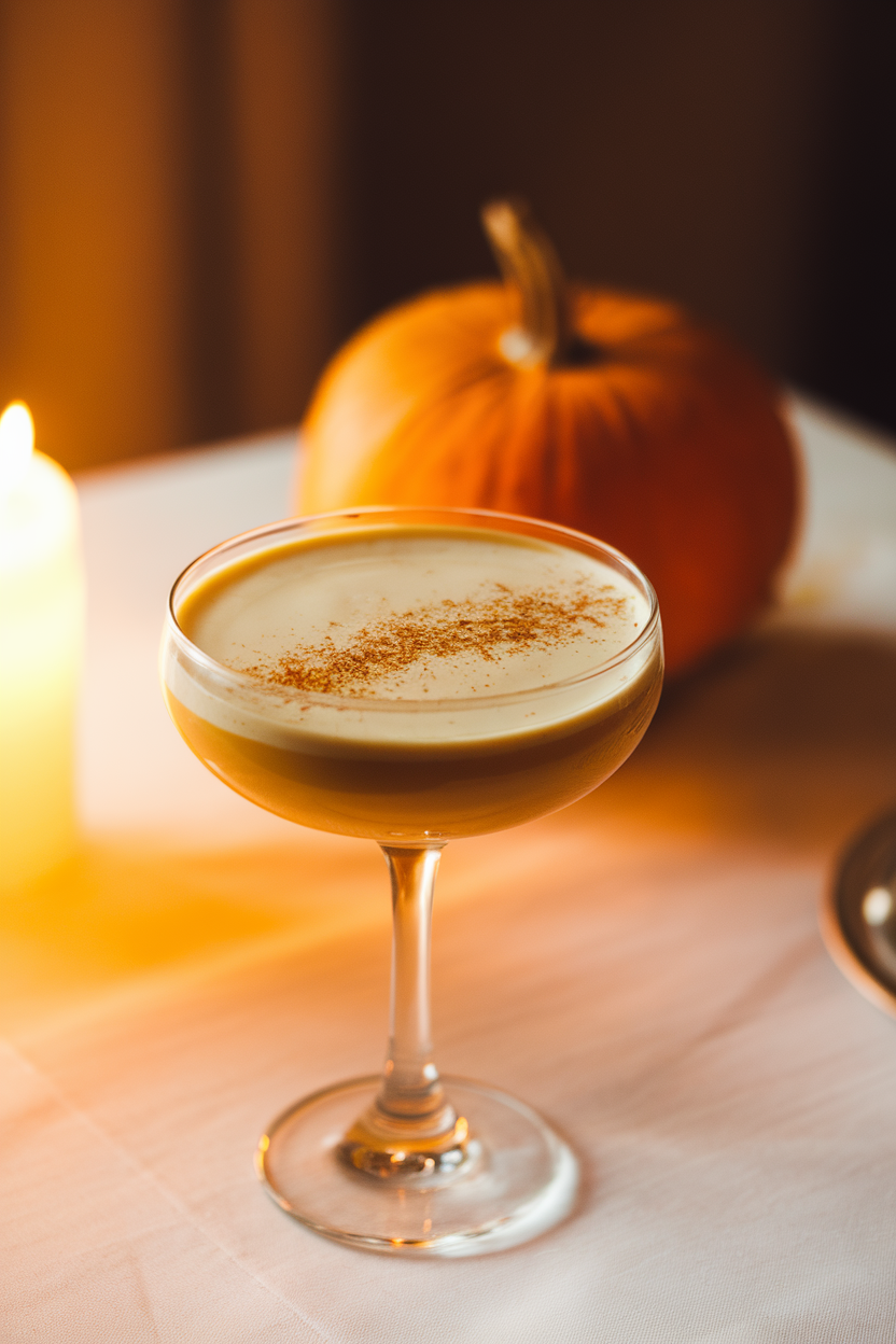 Warmly lit indoor table with a coupe glass of creamy pumpkin pie martini, dusting of nutmeg on top, tiny pumpkin in background. Photo, no text or logos.