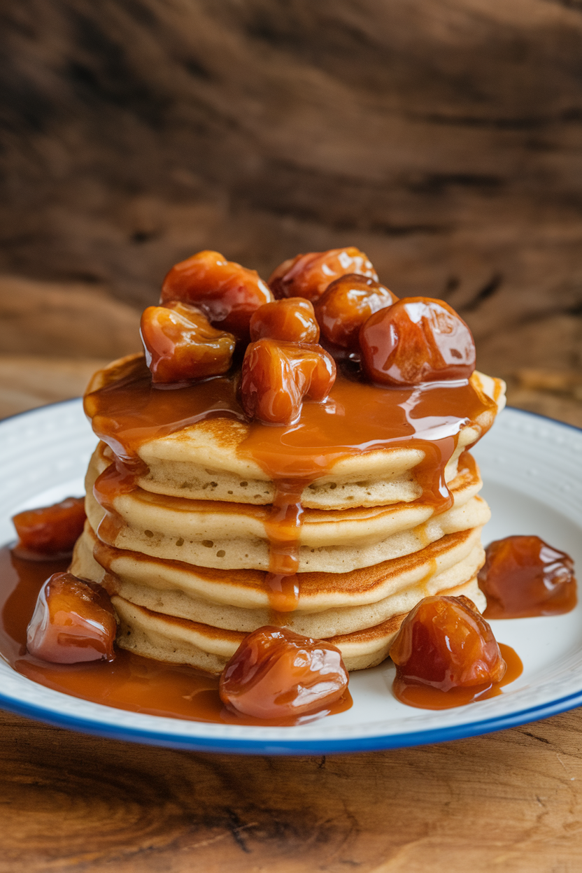 Indoor photo of pancakes topped with chopped dates and a glossy drizzle of toffee sauce pooling on a plate; no text or logos.