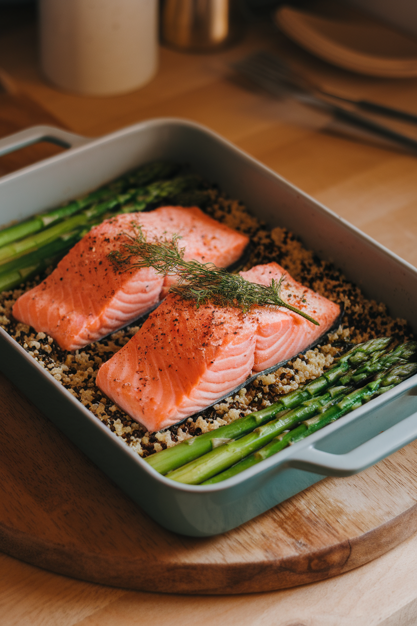 Photo of a rectangular baking dish with pink salmon fillets, quinoa, asparagus spears, and lemon dill seasoning, indoor warm lighting. No logos or text.