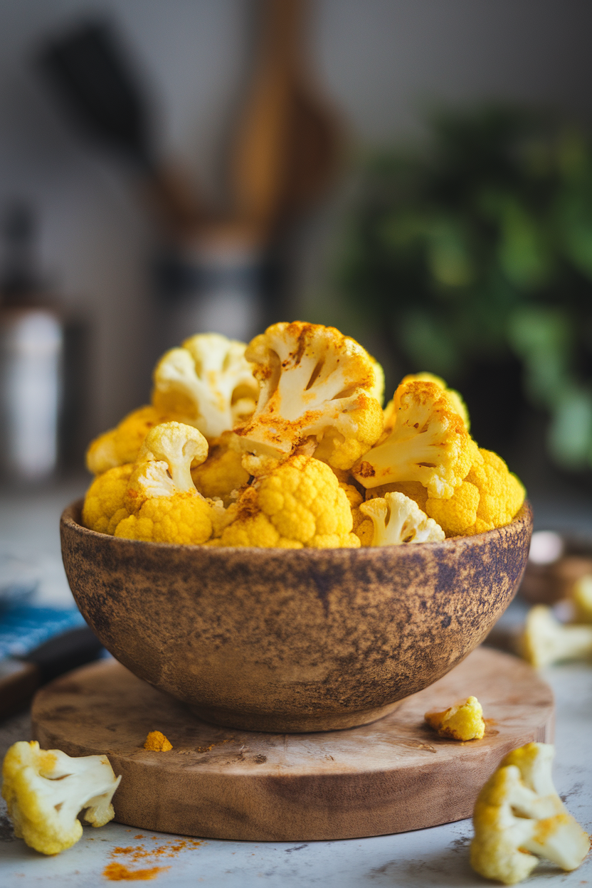 Indoor photo of yellow-tinged roasted cauliflower florets seasoned with turmeric, heaped in a rustic bowl. No logos or text visible.