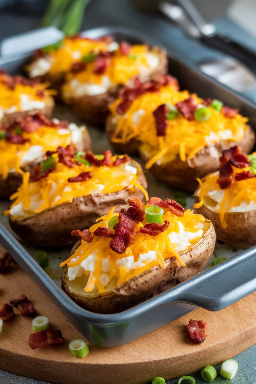 Photo of an indoor baking dish holding potato skins filled with cheddar, bacon bits, and green onions; melted cheese bubbling, no text or logos