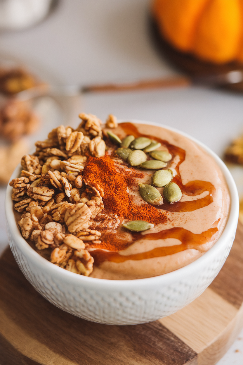 Indoor photo of a thick pumpkin smoothie bowl topped with granola, pumpkin seeds, and a sprinkle of cinnamon. No text or logos anywhere in frame.