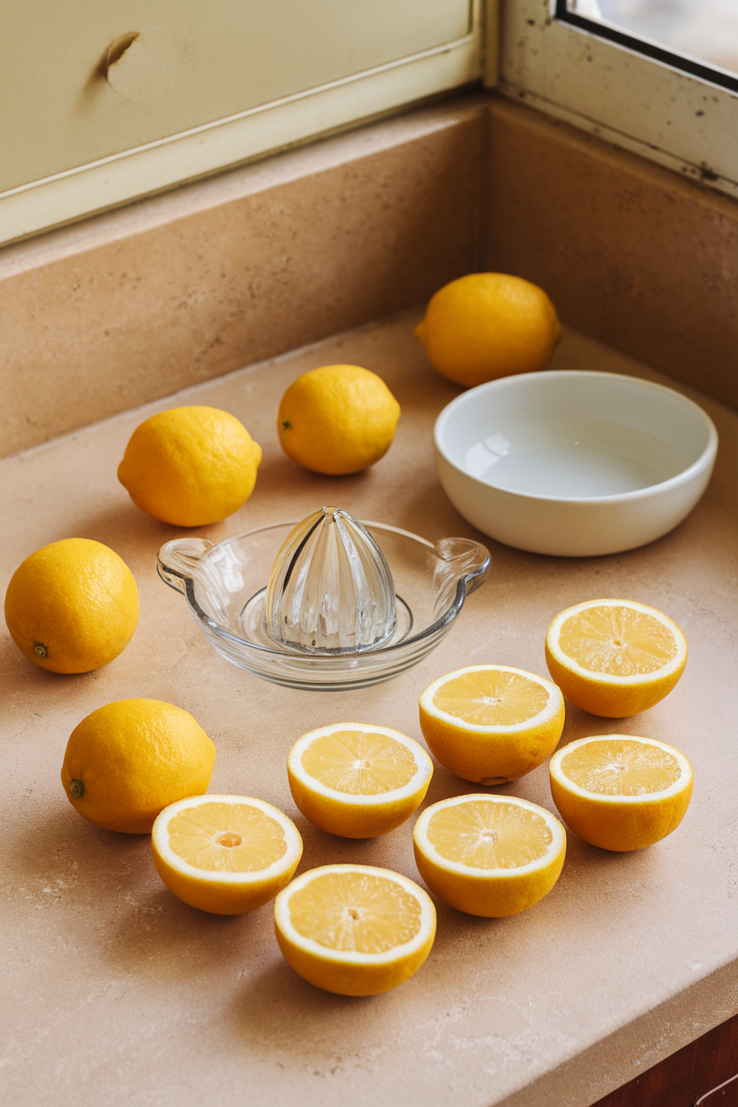 Indoor countertop still life of whole and halved lemons beside a small glass citrus juicer; bright daylight; no text or logos. Photo.