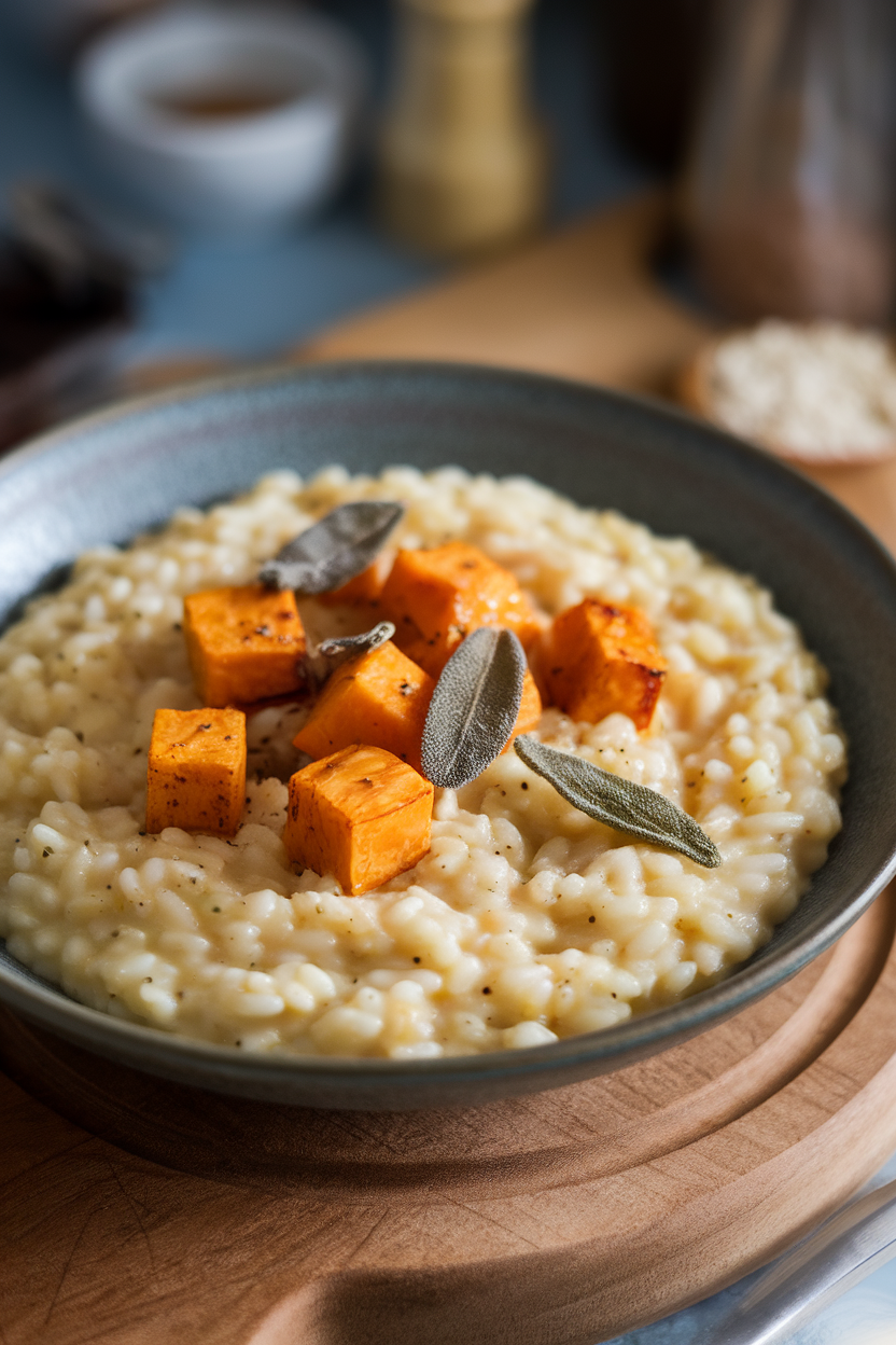 A shallow indoor bowl of creamy risotto dotted with cubes of roasted butternut squash and crispy sage leaves. No text or logos. Photo only.