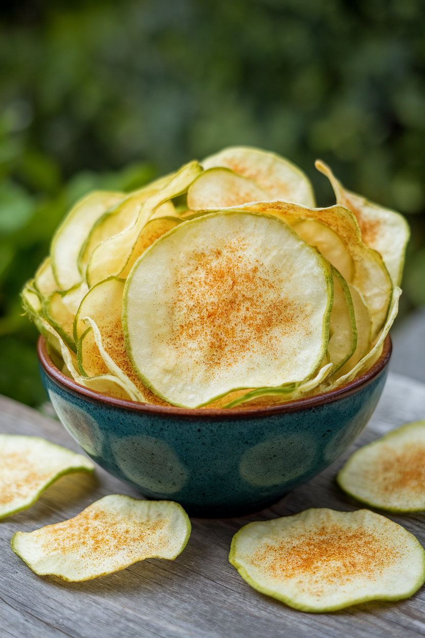 Indoor bowl of thin kohlrabi chips baked crisp, speckled with smoked paprika. No text or logos.