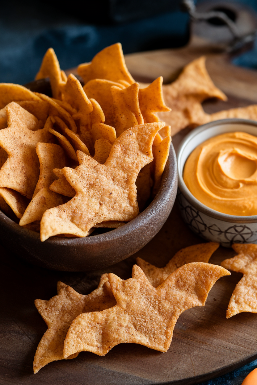 Indoor bowl of cinnamon-sugar tortilla chips cut into bat shapes, with a side of pumpkin yogurt dip, no text or logos.