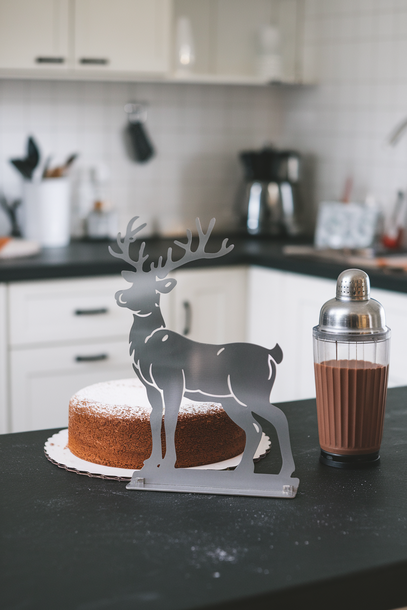 An indoor kitchen scene with a metal stencil of a reindeer over a cake, cocoa shaker nearby, no text or logos