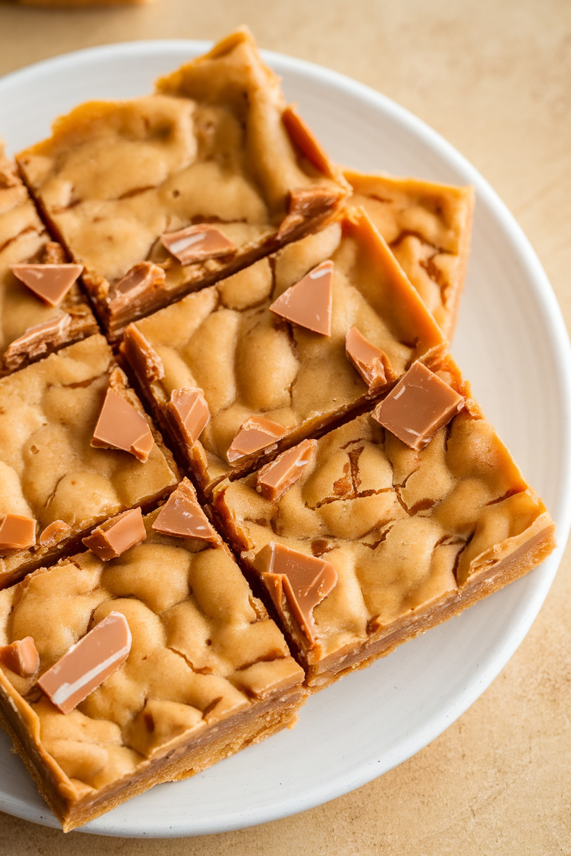 Indoor pan of chewy toffee cookie bars cut into squares, brown butter speckles visible, toffee shards on top. Photo, no text or logos.