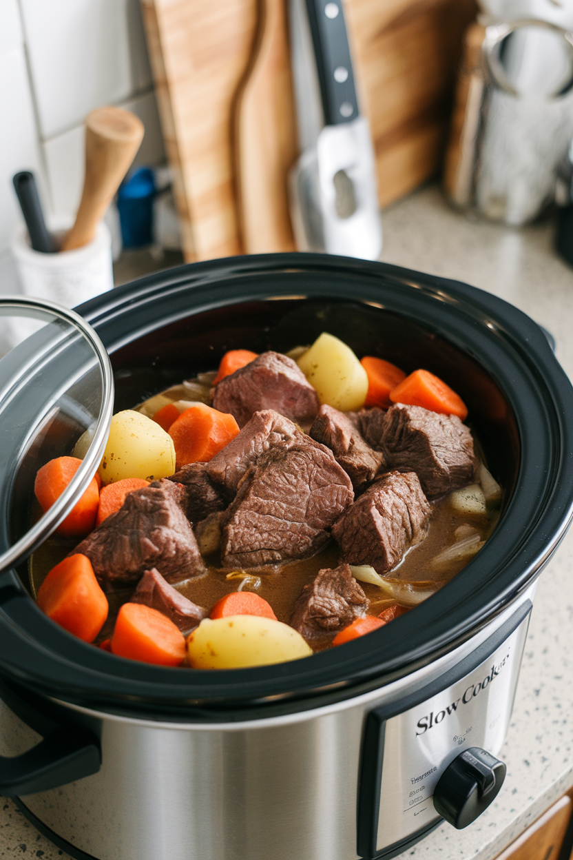 Slow cooker filled with braised beef stew on a kitchen counter, indoor photo, no text or logos