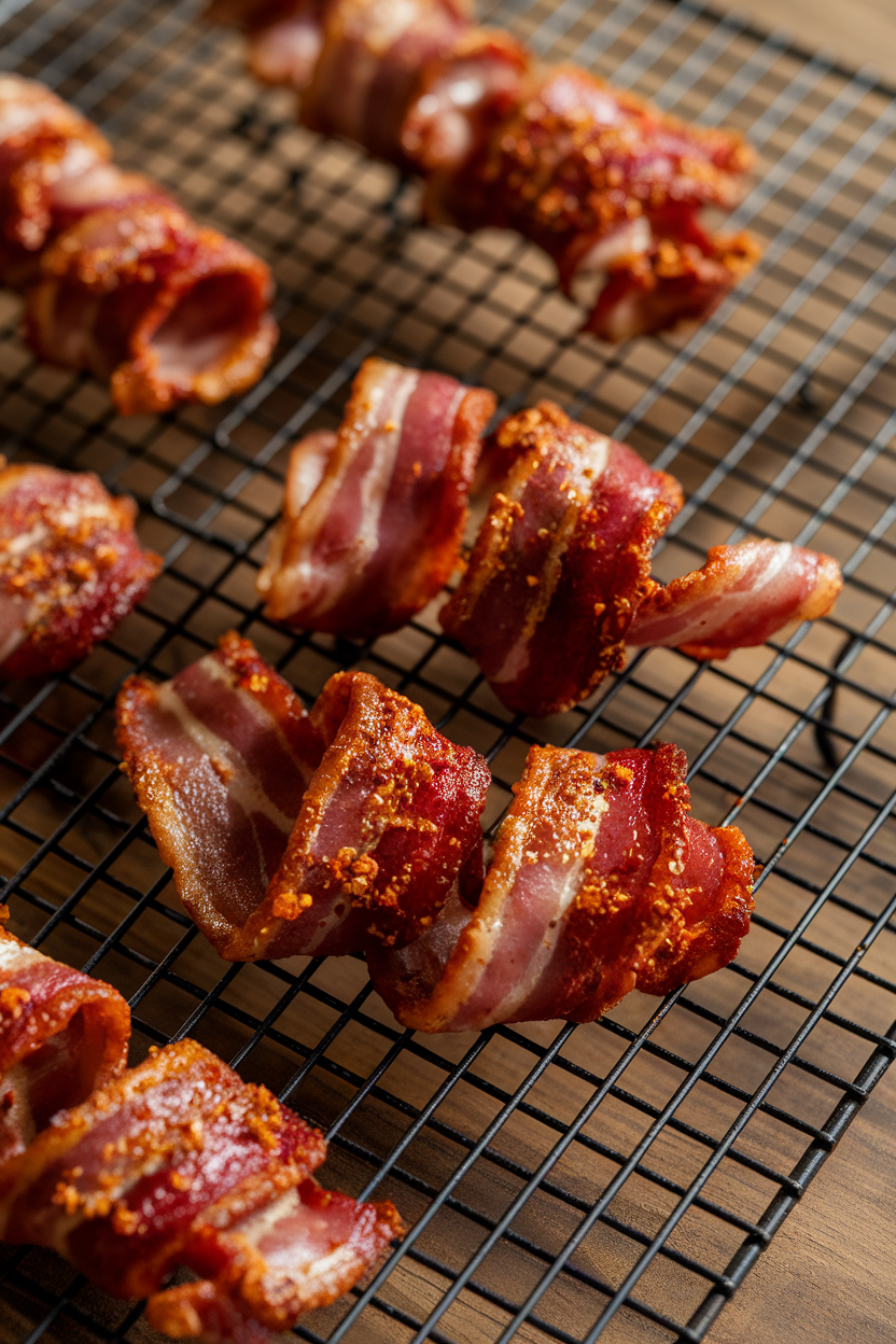 Indoor cooling rack with baked bacon strips twisted and coated in brown sugar and cayenne, glistening. No text or logos.