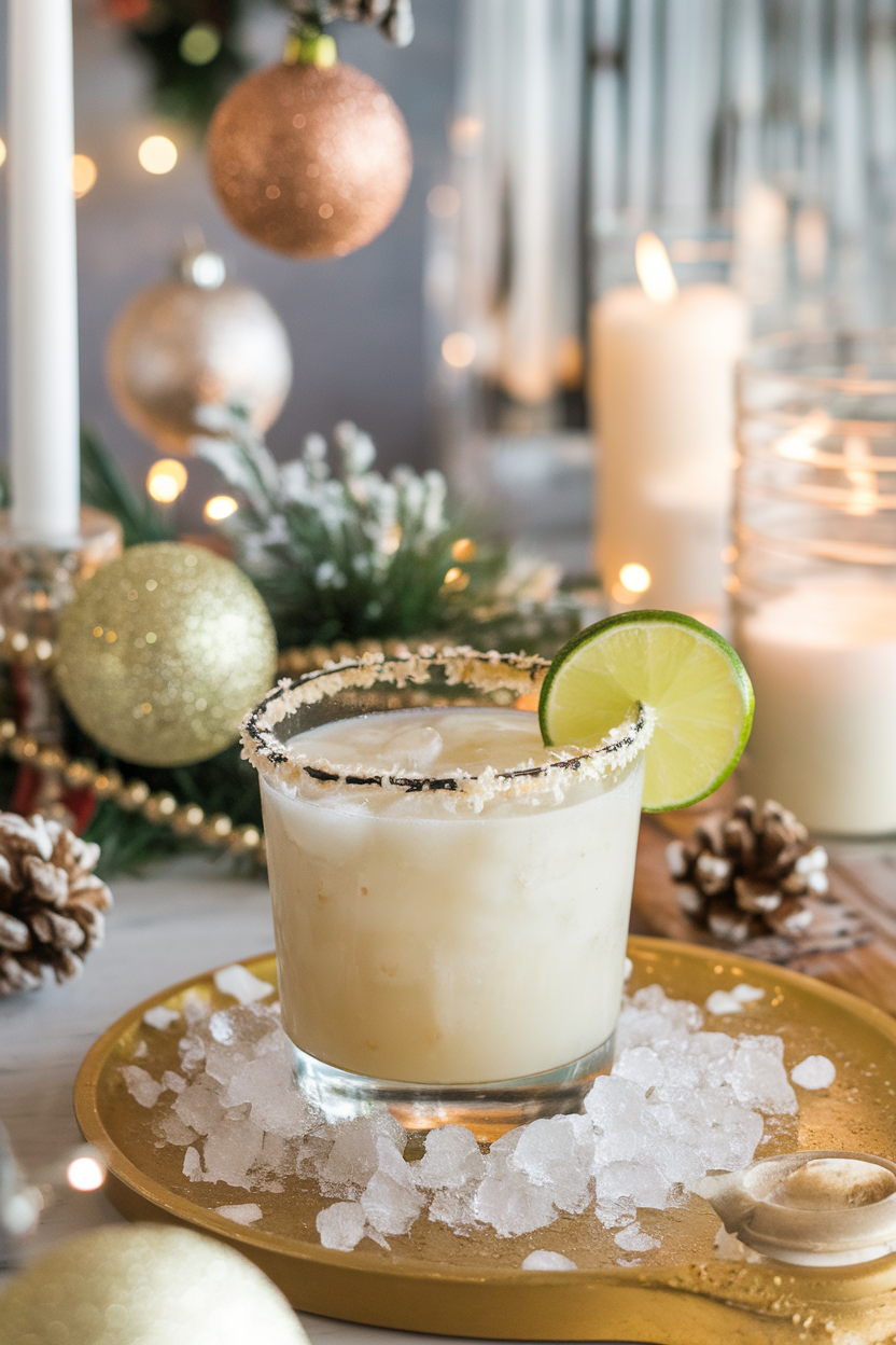 Indoor holiday party setup with a rocks glass of creamy white margarita on crushed ice, rimmed with coconut flakes and a lime wheel. No text or logos; photograph, not illustration.