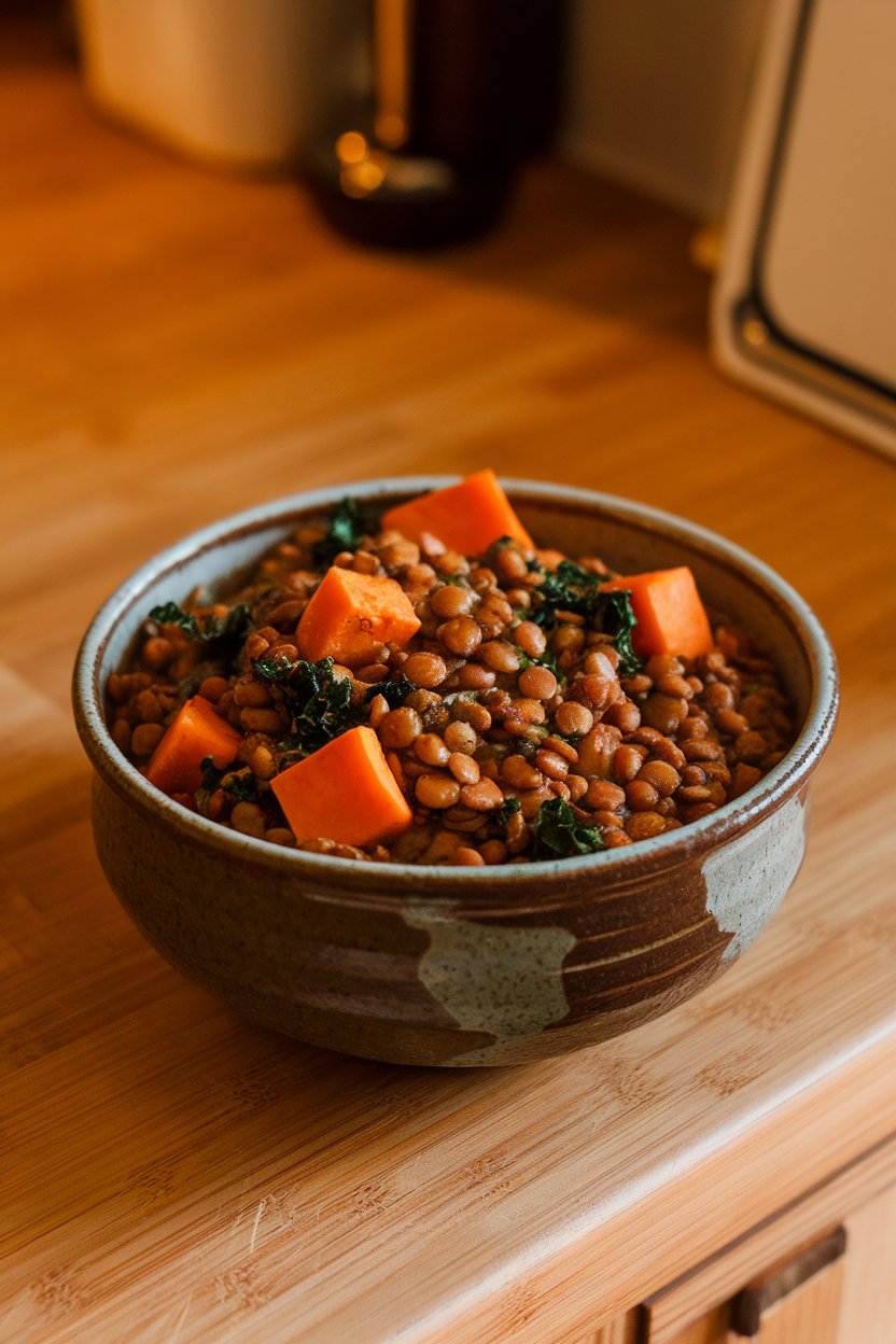 A ceramic bowl on an indoor counter filled with hearty lentil stew dotted with orange sweet potato chunks and kale ribbons. No text or logos; photo only.