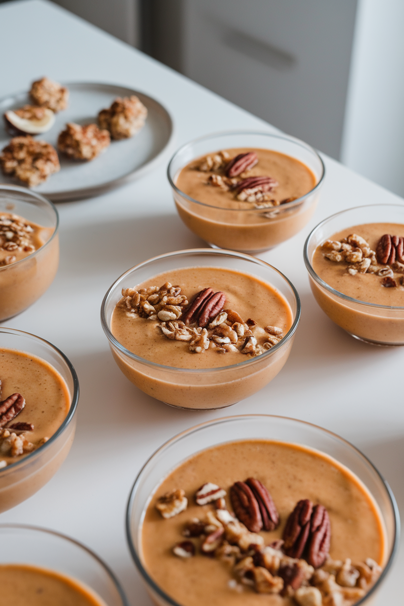 An indoor breakfast table with shallow bowls of orange smoothie topped with granola clusters and pecan halves—no text or logos; photo, not illustration