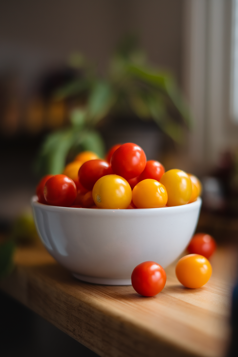 An indoor white bowl overflowing with glossy red and yellow cherry tomatoes, subtle window light; no text or logos. Photo.