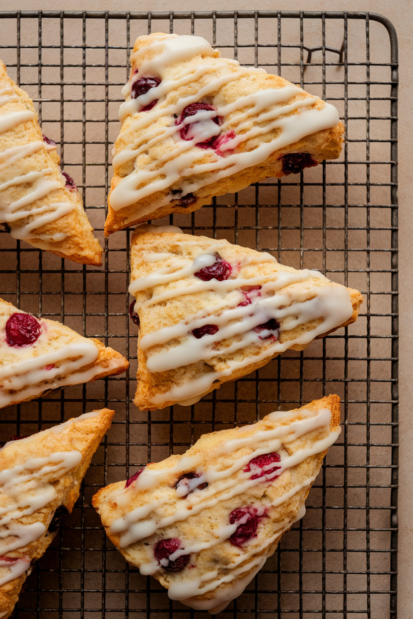 An indoor wire rack with triangular orange cranberry scones cooling, glaze lightly drizzled. Photo, no text or logos.