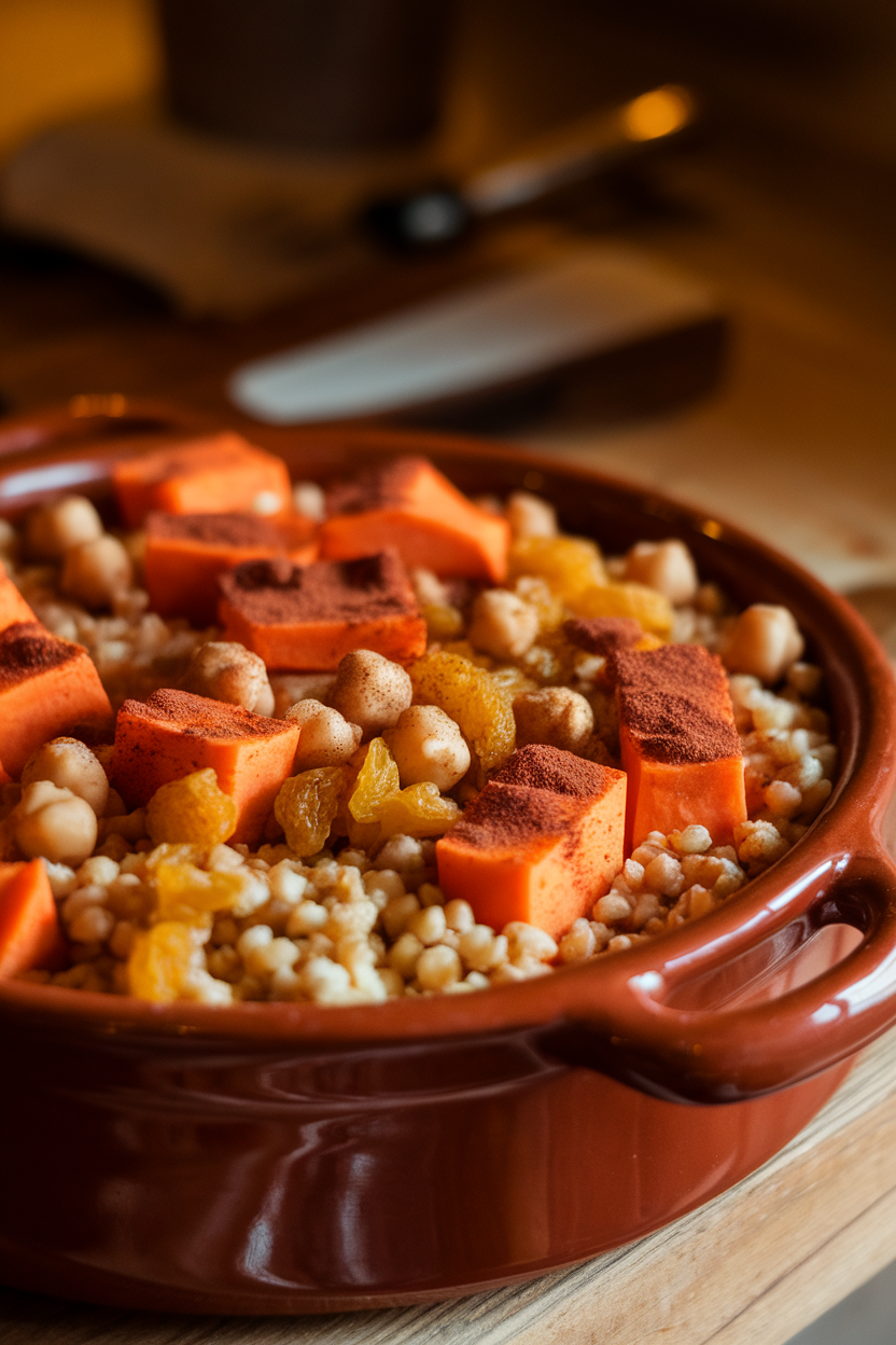 Photo of a terra-cotta casserole holding bright orange sweet potato cubes, chickpeas, fluffy millet, and golden raisins, all dusted with cinnamon and cumin under indoor warm lighting. No text or logos.